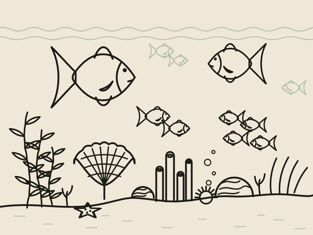 海底珊瑚礁與魚群線條插圖